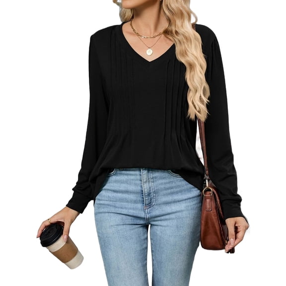 Women'S Puff Long Sleeve Shirts Pleated V Neck Fall Tunic Tops Blouse Dressy Casual Loose Summer T-Shirts Black L