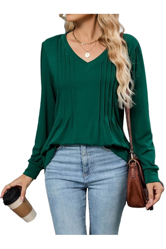 Women'S Puff Long Sleeve Shirts Pleated V Neck Fall Tunic Tops Blouse Dressy Casual Loose Summer T-Shirts Dark Green XXL