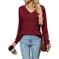 thumbnail image 1 of Women'S Puff Long Sleeve Shirts Pleated V Neck Fall Tunic Tops Blouse Dressy Casual Loose Summer T-Shirts Wine Red XL, 1 of 8