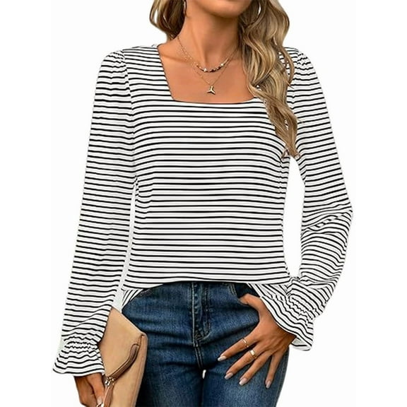 Women'S Puff Long Sleeve Square Neck Shirts Fall Causal Trendy Tunic Tops White S