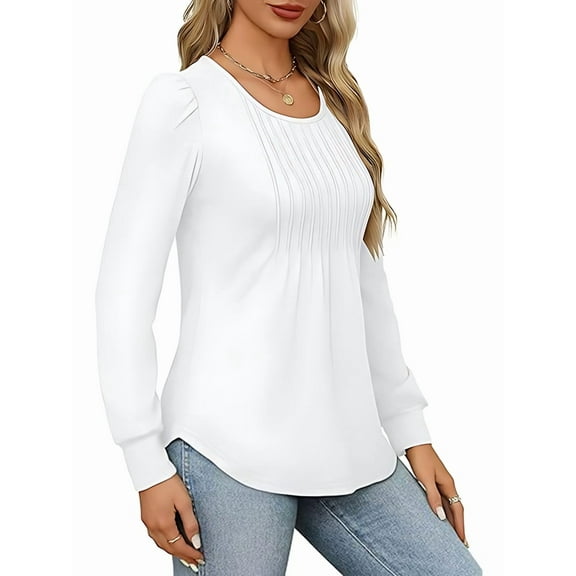 Women'S Puff Long Sleeve Tunic Tops Pleated Crew Neck Blouses Dressy Casual Loose Fit Winter and Spring Shirts White L