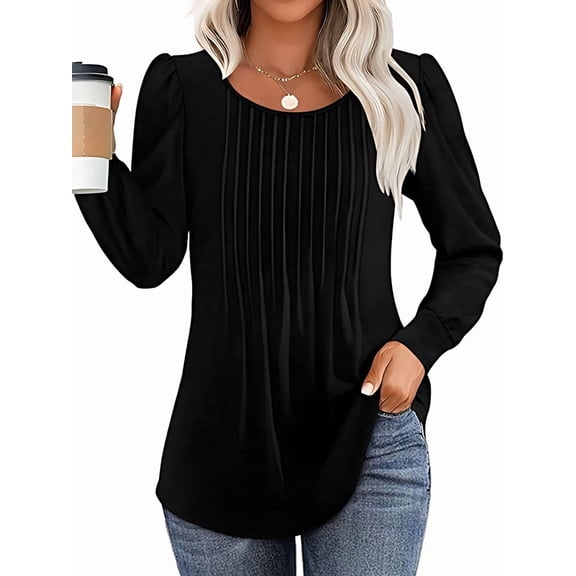 Women'S Puff Long Sleeve Tunic Tops Pleated Crew Neck Blouses Dressy Casual Loose Fit Winter and Spring Shirts
