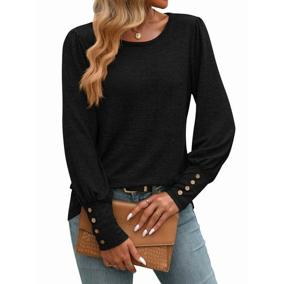 Women'S Puff Short Long Sleeve Tops Crewneck Loose Casual Blouse Shirts with Button Details Black XL
