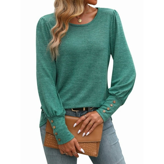 Women'S Puff Short Long Sleeve Tops Crewneck Loose Casual Blouse Shirts with Button Details Green M