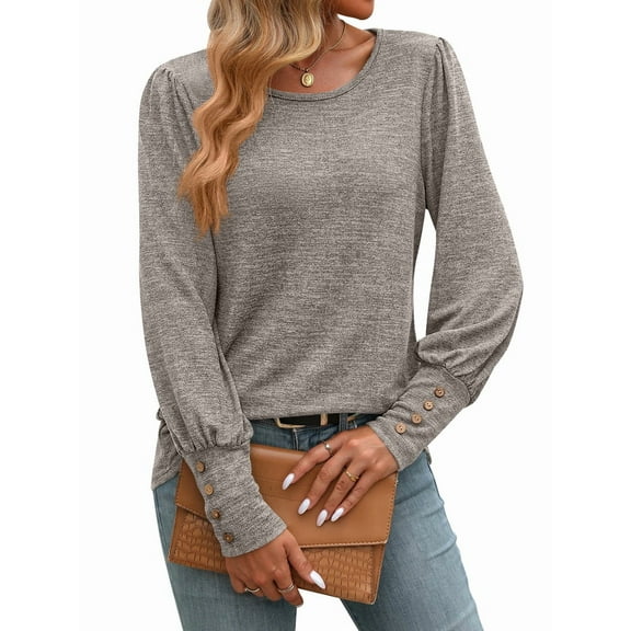 Women'S Puff Short Long Sleeve Tops Crewneck Loose Casual Blouse Shirts with Button Details Shallow Khaki XL