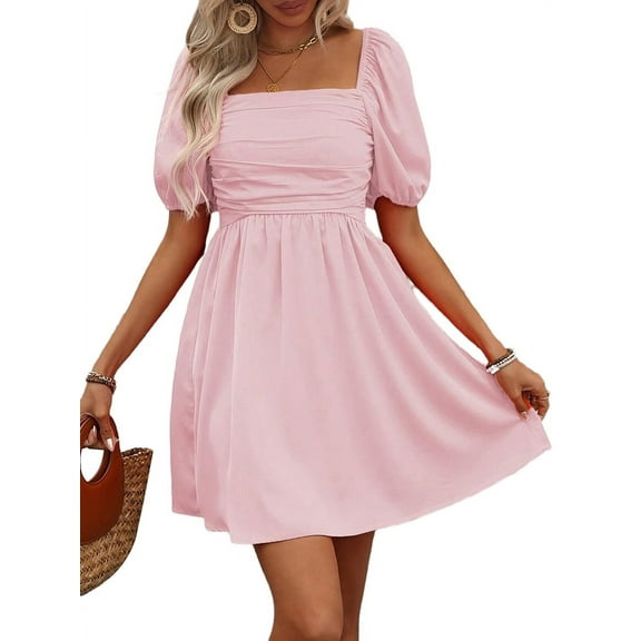Women'S Puff Short Sleeve Boho Dress Square Neck Summer A Line Dresses Pink XL