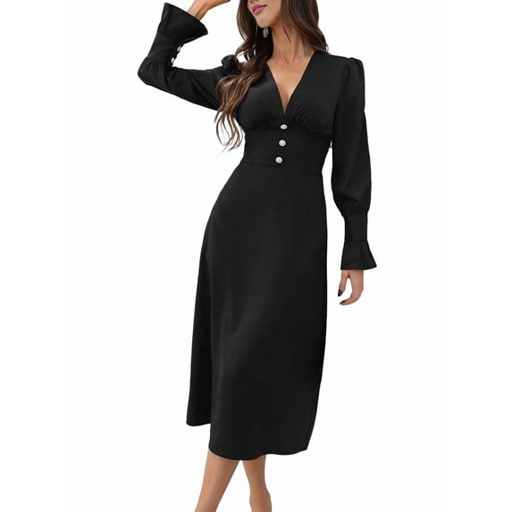 Women'S Puff Sleeve Dress Long Puff Sleeve Button Up Ruffle Vintage Midi Dresses Black XXL