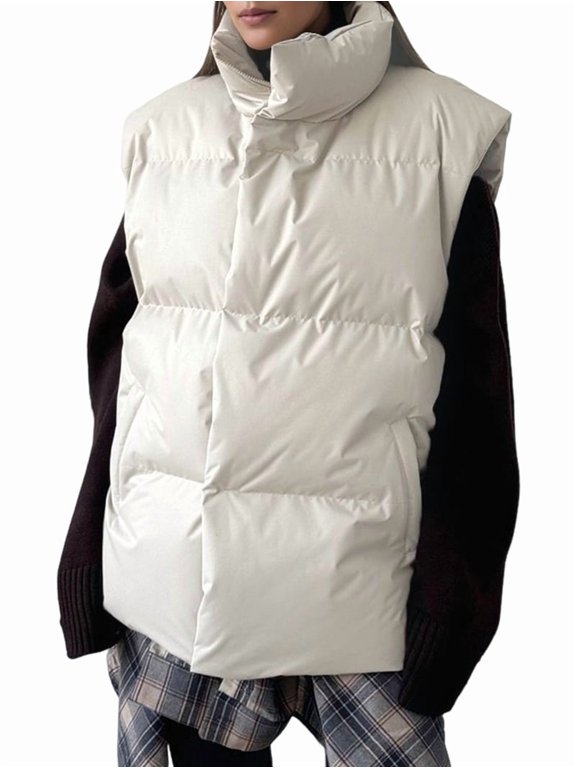 Women'S Puffer Vest Stand Collar Full Zip Sleeveless Bubble Puffer Vest Quilted Padded Coat Outwear Apricot Color S