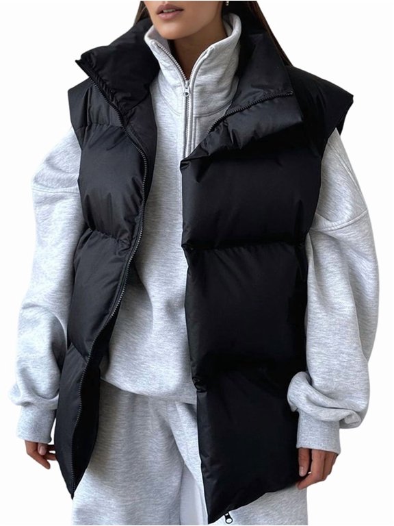 Women'S Puffer Vest Stand Collar Full Zip Sleeveless Bubble Puffer Vest Quilted Padded Coat Outwear Black L