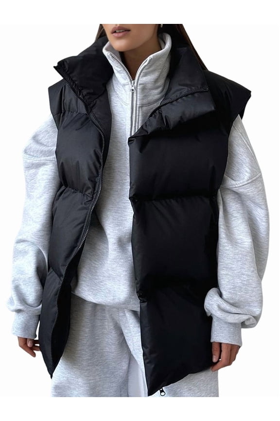 Women'S Puffer Vest Stand Collar Full Zip Sleeveless Bubble Puffer Vest Quilted Padded Coat Outwear Black S