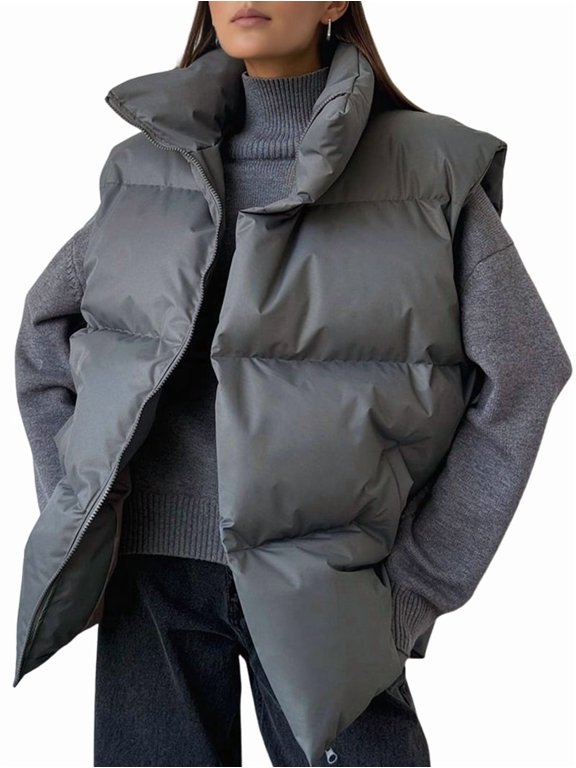 Women'S Puffer Vest Stand Collar Full Zip Sleeveless Bubble Puffer Vest Quilted Padded Coat Outwear Dark Gray S