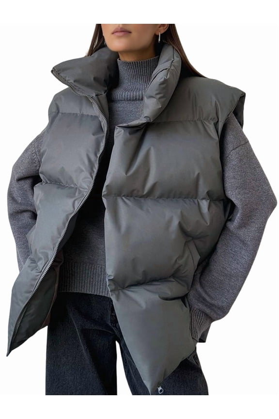 Women'S Puffer Vest Stand Collar Full Zip Sleeveless Bubble Puffer Vest Quilted Padded Coat Outwear Dark Gray S