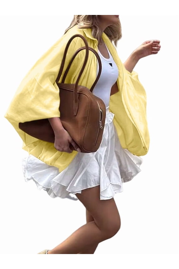 Women'S Puffy Bombers Jacket Oversized Street Casual Batwing Sleeve Lapel Pleated Shirt with Zipper Yellow L