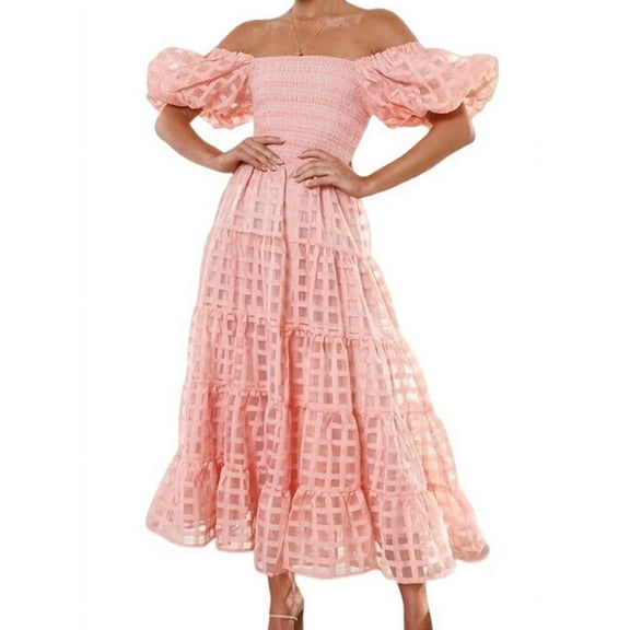 Women'S Puffy Short Sleeve Square Neck Smocked Tiered A Line Maxi Long Dresses Pink M