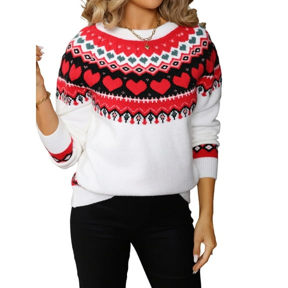 Women'S Pullover Colorful Heart Sweaters Trendy Casual Crewneck Long Sleeve Loose Knitted Cute Jumper Tops White S