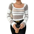 thumbnail image 1 of Women'S Pullover Striped Knit Square Neck Sweater Color Block Long Sleeve Cute Trendy Fuzzy Sweaters Brown XS, 1 of 10