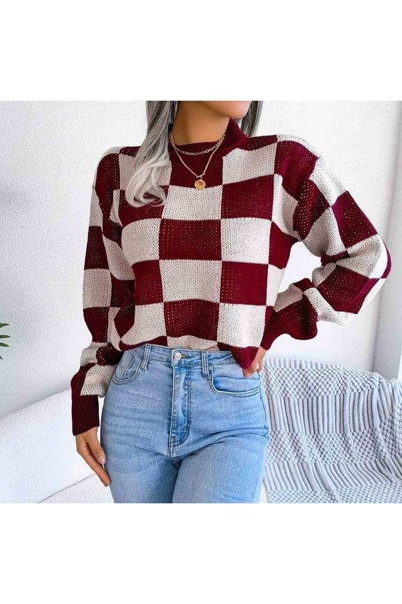 Women'S Pullover Sweaters Fall Winter Fashion Contrast Check Long Sleeve Round Neck Ribbed Knitted Pullover Sweater Tops Wine L