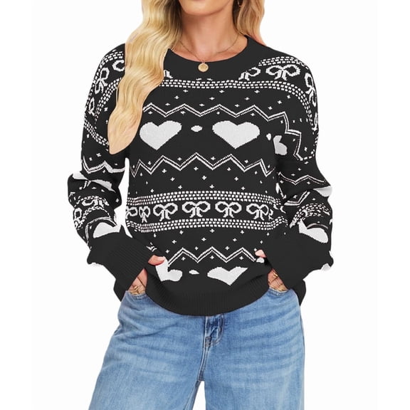 Women'S Pullover Sweaters Long Sleeve Crew Neck Cute Multi-Hearts Knitted Casual Sweater Black XL