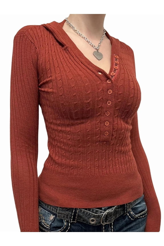 Women'S Pullover Sweaters, Long Sleeve V Neck Ribbed Knit Shirts Casual Button Tunic Tops 2025 Fall Trendy Rust Red S