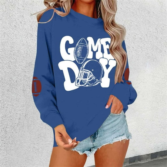 Women'S Pullover Sweatshirt Women'S Long Sleeve Pullover Sweatshirt Football Print Casual Crewneck Top For Games And Everyday Wear Blue XXL