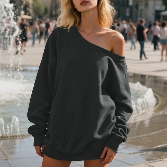 Women'S Pullover Sweatshirt Women'S Off Shoulder Sweatshirt Casual Long Sleeve Pullover Tops Dark Gray XXL
