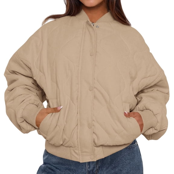 Women'S Quilted Cropped Puffer Bombers Jacket with Zip Up Pockets Fall Winter Fashion Khaki XL