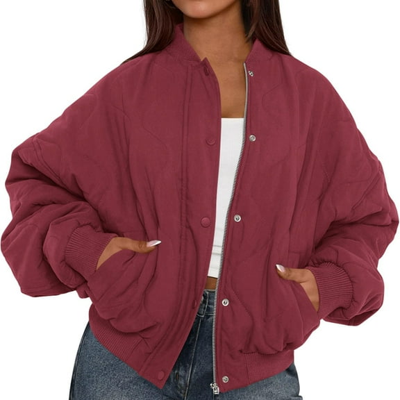 Women'S Quilted Cropped Puffer Bombers Jacket with Zip Up Pockets Fall Winter Fashion Wine Red XL