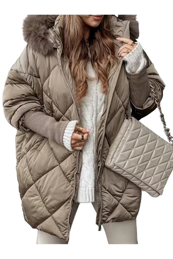 Women'S Quilted Down Jacket with Hood Long Sleeve Full Zip Casual Winter Coat Camel Color XXL