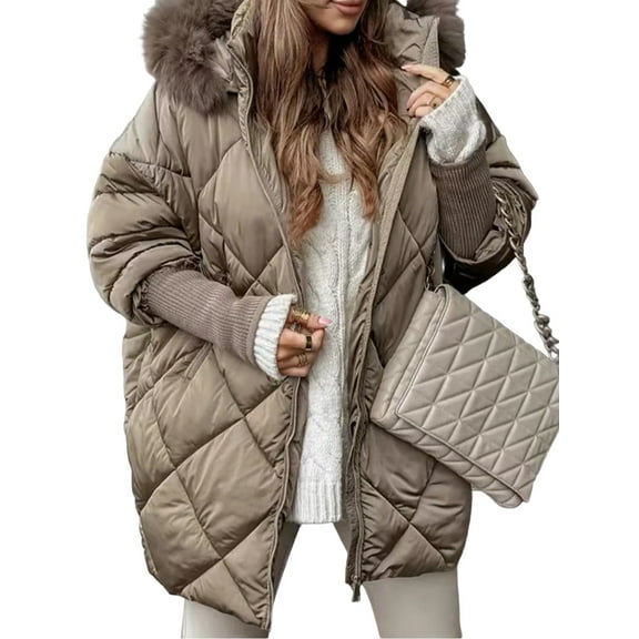 Women'S Quilted Down Jacket with Hood Long Sleeve Full Zip Casual Winter Coat Camel Color XXXL