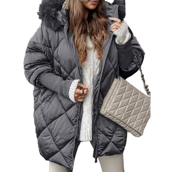 Women'S Quilted Down Jacket with Hood Long Sleeve Full Zip Casual Winter Coat Gray XXXL