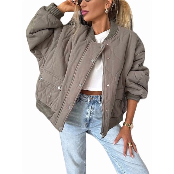 Women'S Quilted Jacket Oversized Solid Color Long Sleeve Zip Up Casual Jacket with Pockets Gray Camel Color XL