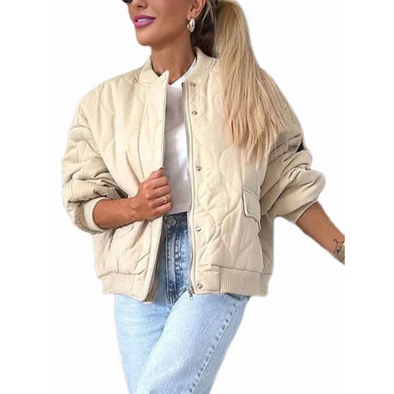 Women'S Quilted Jacket Oversized Solid Color Long Sleeve Zip Up Casual Jacket with Pockets Khaki XL