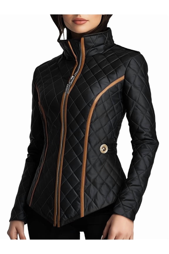 Women'S Quilted Jacket, Stylish Waist Cinched Quilted Padded Jacket, Zip Warm Winter Coat Outwear Black L