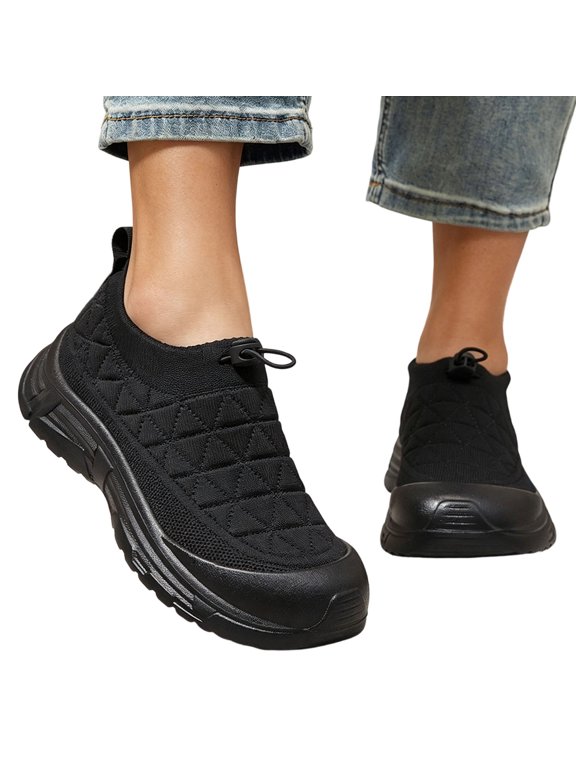 Women'S Quilted Knit Walking Shoes Toggle Closure Adjustable, Elevated Midsole Casual Us 7.5