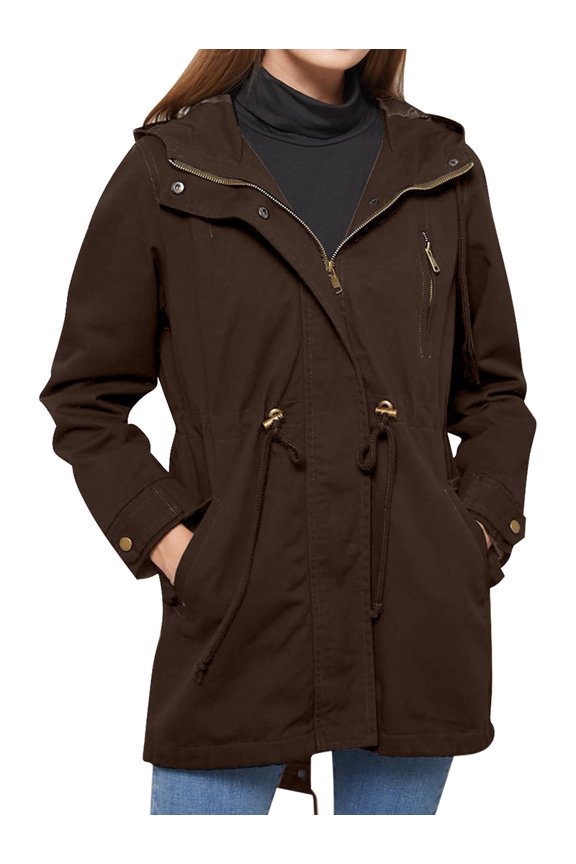 Women'S Rain Jacket Long Raincoat Hooded Drawstring Waist Windbreaker Waterproof Jackets with Pockets Coffee L