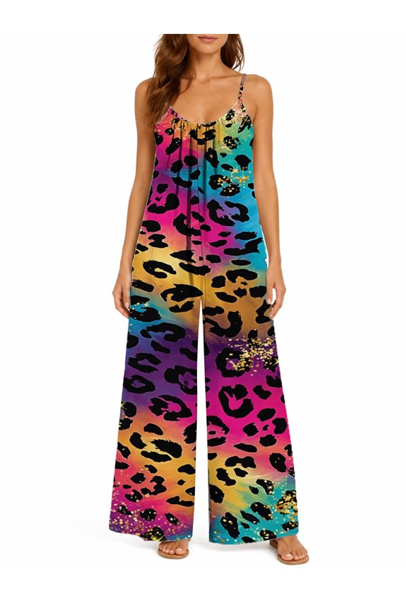 Women'S Rainbow Leopard Umpsuit Sleeveless Loose Fit Wide Leg Pants Suit Casual Vacation Romper