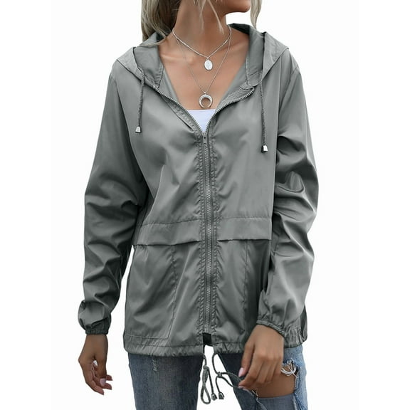 Women'S Raincoats Waterproof Windproof Adjustable Windbreaker Rain Jackets Hooded with Pockets Light Gray S