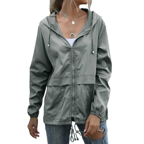 Women'S Raincoats Waterproof Windproof Adjustable Windbreaker Rain Jackets Hooded with Pockets Light Gray XXL
