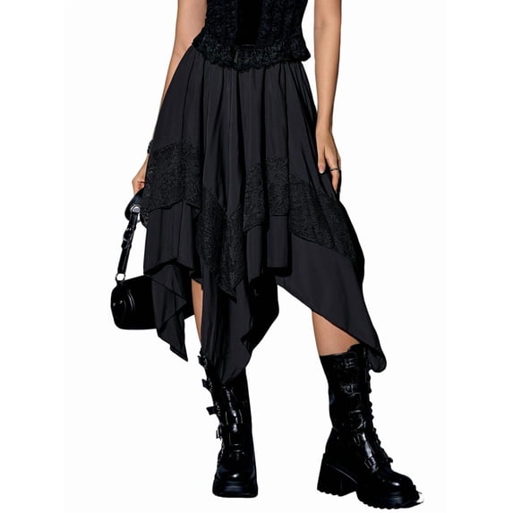 Women'S Renaissance Flowy Fairy Skirt Y2k Contrast Lace Layered Asymmetrical Midi Skirts Black XL