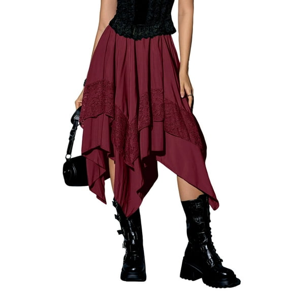 Women'S Renaissance Flowy Fairy Skirt Y2k Contrast Lace Layered Asymmetrical Midi Skirts Deep Red S