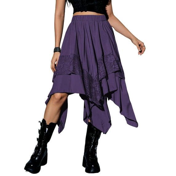 Women'S Renaissance Flowy Fairy Skirt Y2k Contrast Lace Layered Asymmetrical Midi Skirts Deep S