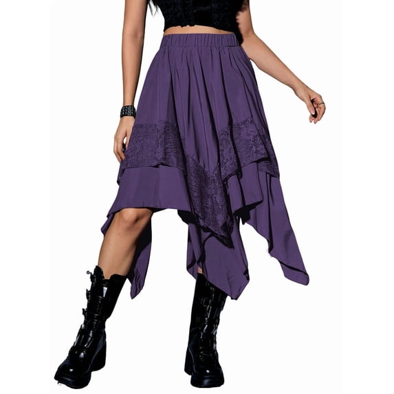 Women'S Renaissance Flowy Fairy Skirt Y2k Contrast Lace Layered Asymmetrical Midi Skirts Deep S