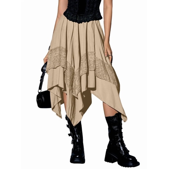 Women'S Renaissance Flowy Fairy Skirt Y2k Contrast Lace Layered Asymmetrical Midi Skirts Khaki M