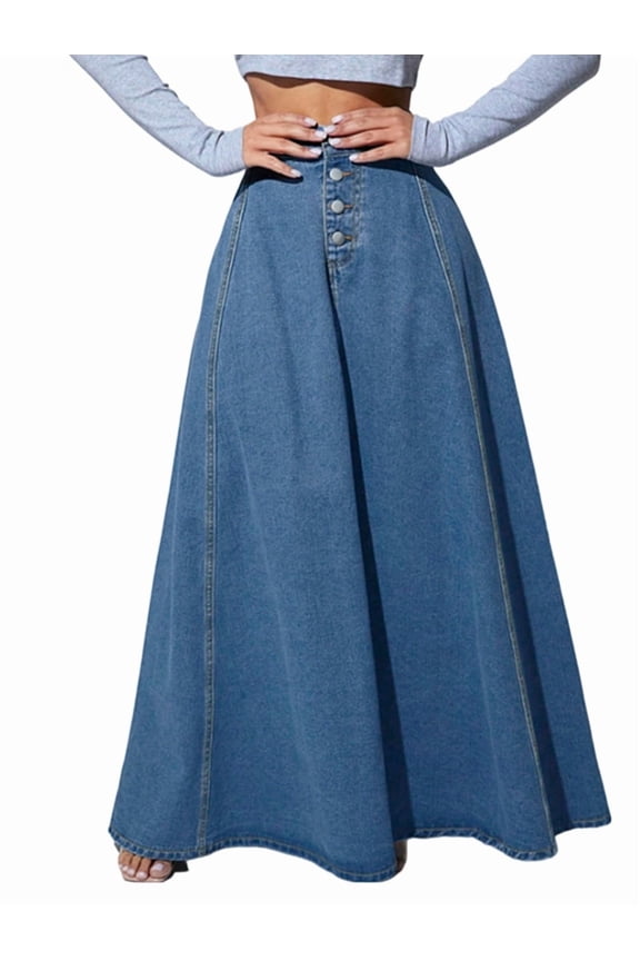 Women'S Retro High Waisted Button Fly Flared Long Pleated Flowy Swing A-Line Denim Maxi Skirts Dark Blue M