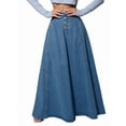 thumbnail image 1 of Women'S Retro High Waisted Button Fly Flared Long Pleated Flowy Swing A-Line Denim Maxi Skirts Dark Blue S, 1 of 10