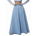 thumbnail image 1 of Women'S Retro High Waisted Button Fly Flared Long Pleated Flowy Swing A-Line Denim Maxi Skirts Light Blue L, 1 of 10