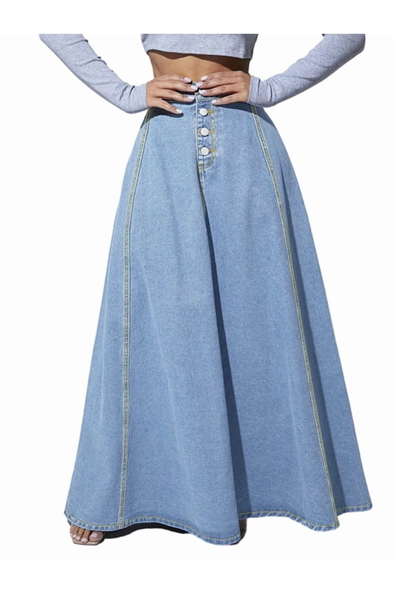 Women'S Retro High Waisted Button Fly Flared Long Pleated Flowy Swing A-Line Denim Maxi Skirts Light Blue L