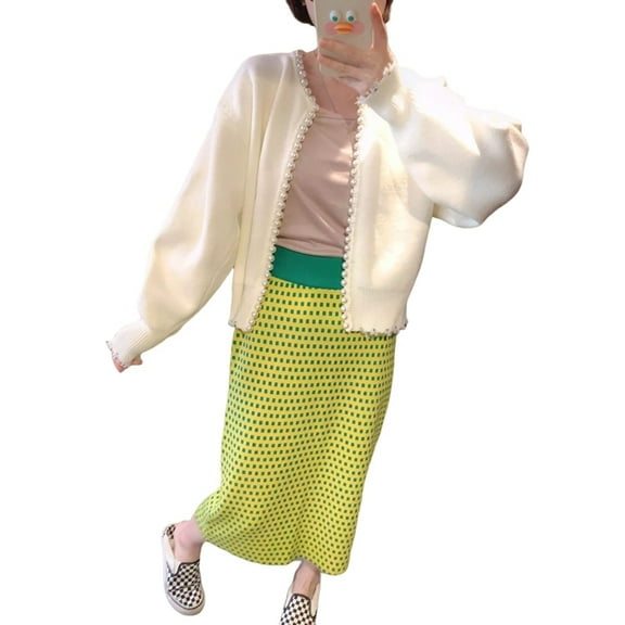 Women'S Retro Long Sleeve V-Neck Pearl Knit Cardigan Fall Winter Irregular Raw Edge Short Sweater Jacket White One size