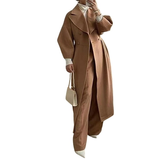 Women'S Retro Palace Style Wool Blend Coat Long Trench Coat with Lantern Sleeves Large Lapel Camel Color M