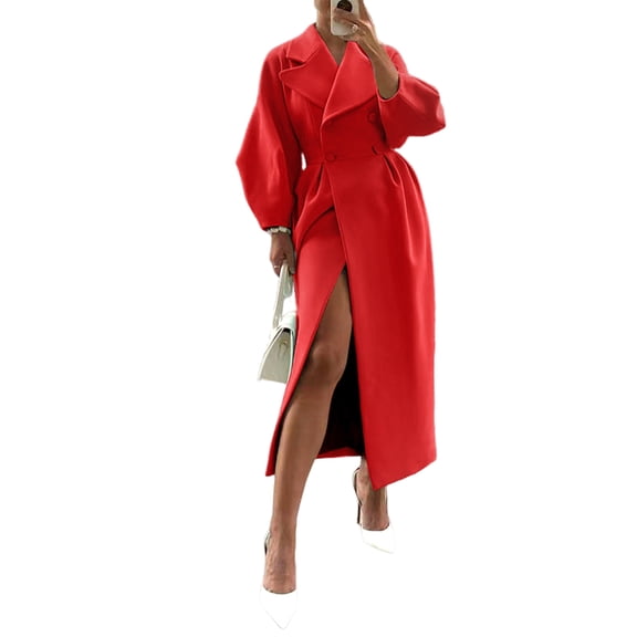 Women'S Retro Palace Style Wool Blend Coat Long Trench Coat with Lantern Sleeves Large Lapel Red XL